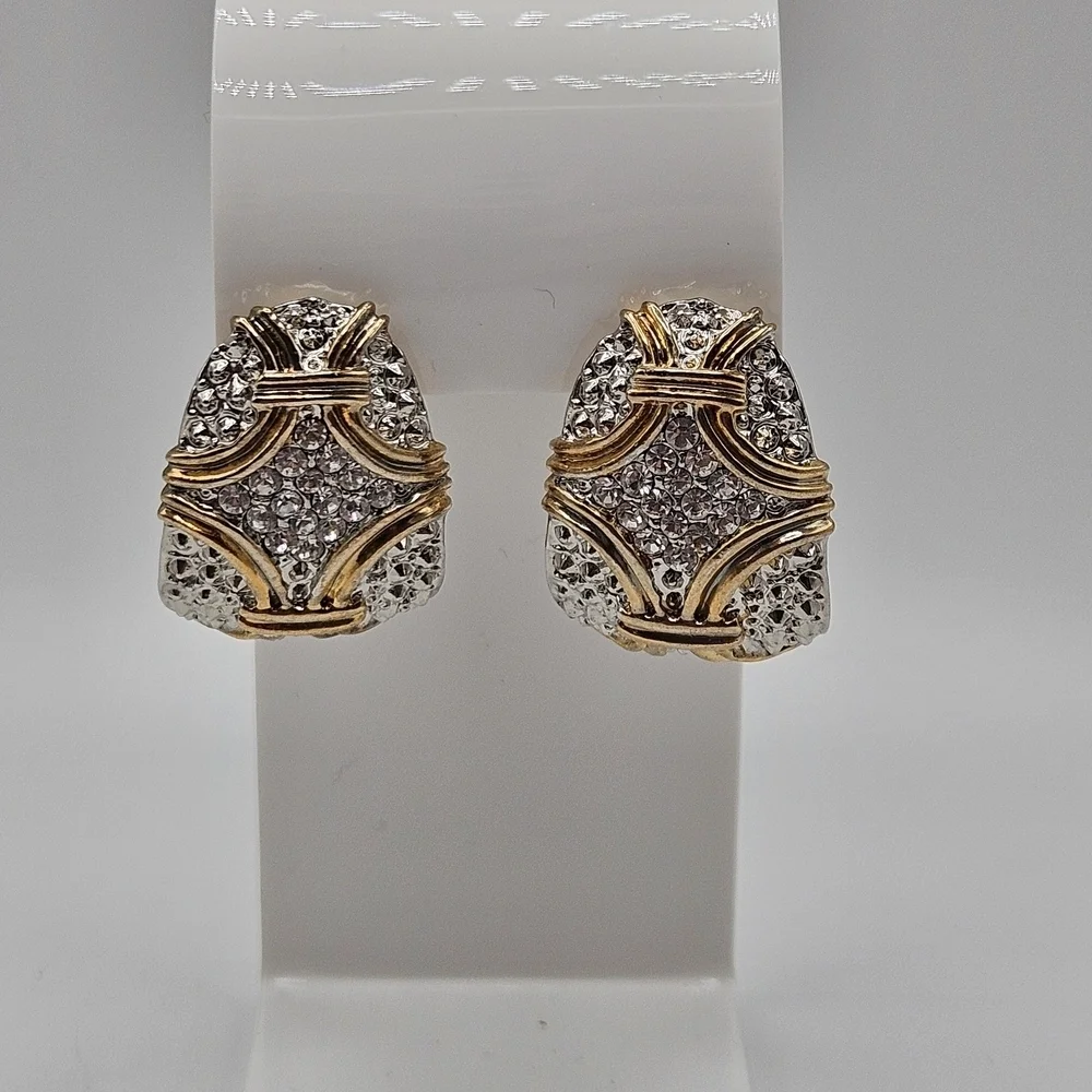 VINTAGE Art Deco Elegant Silver and Gold Tone Rhinestone Detail Curved Earrings